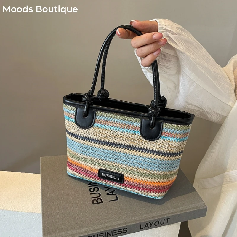 MOODS Straw Woven Design Top-Handle Bags Women Rainbow Color Summer Beach Shoulder Crossbody Bags 2024 Luxury Designer Handbags