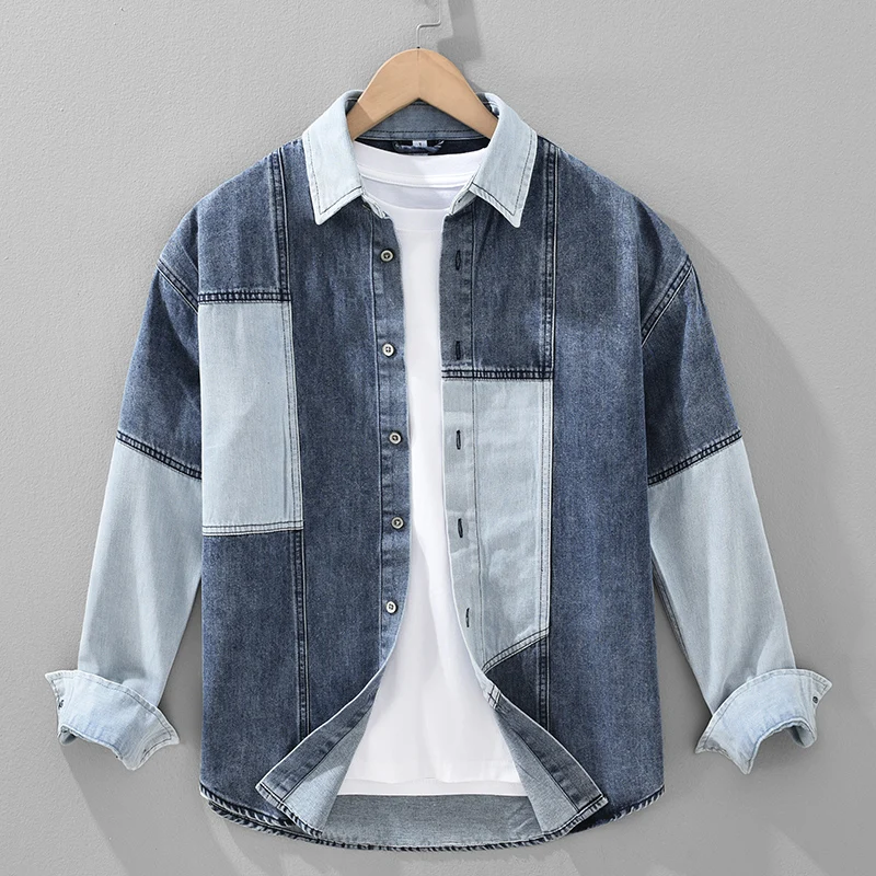 

American Sle Splice Color Blo Casual Denim irt Men Long Sve Spring Autumn New Sle Leisure irt Jaet for Youth
