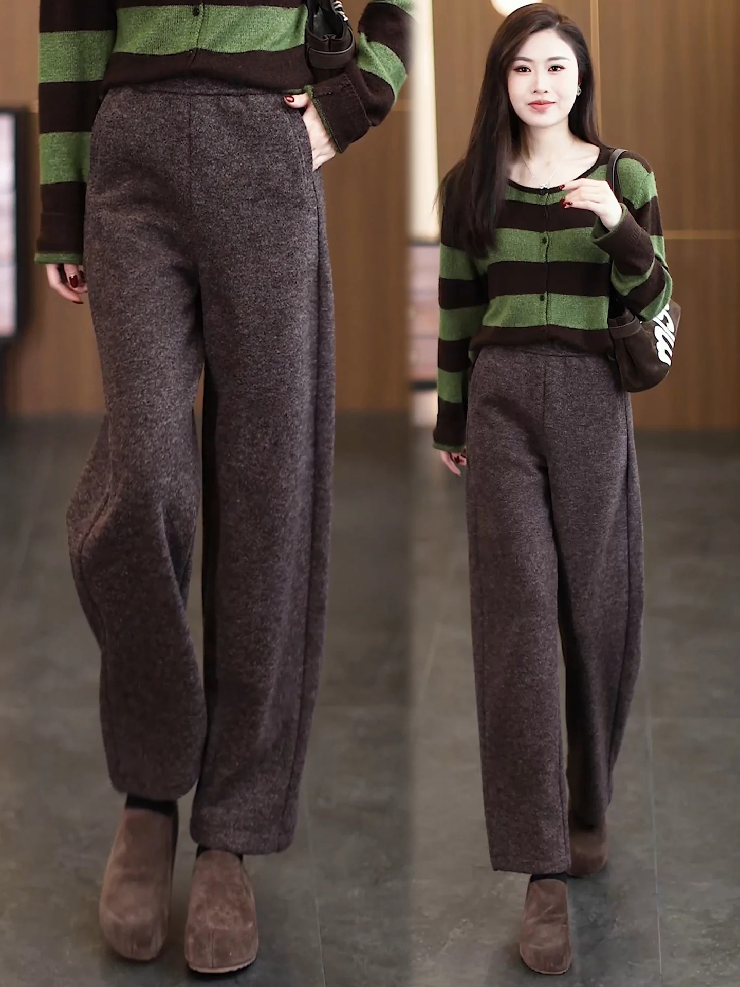 

Женские повседневные брюки с высокой талией на флисовой подкладке из шерсти, осенне-зимние, с эластичным поясом, свободного кроя, длиной 7/8