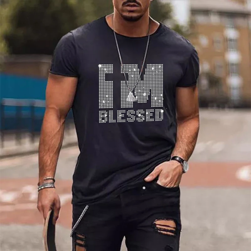 Men\'s Quality Fashion T-Shirts Casual Street Short Sleeve Letter Hot Drill Men Clothes Tee Tops O-Neck Rhinestone Tshirt Y2K New