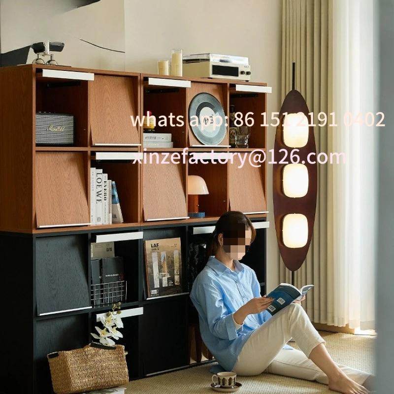 خزانة كتب من الخشب الصلب قابلة للتخصيص، خزانة منخفضة، خزانة شبكية من خشب البقس القديم الأوسط، جانب تخزين غرفة المعيشة، كاليفورنيا