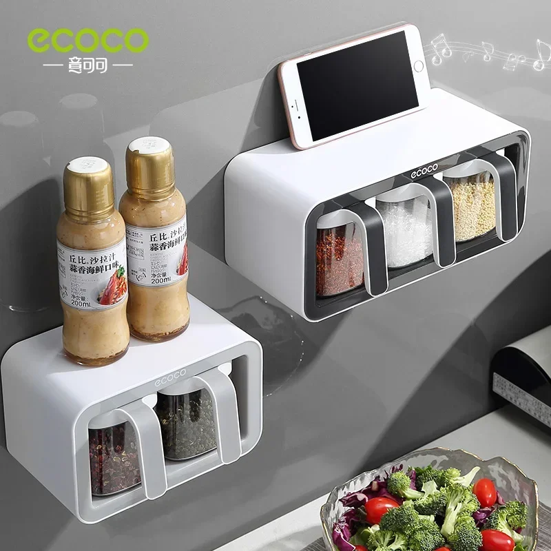 

ECOCO Wall Mounted Seasoning Box Spice Storage Rack Seasoning Organizer Kitchen Accessories Salt Jar Shaker Pepper Container