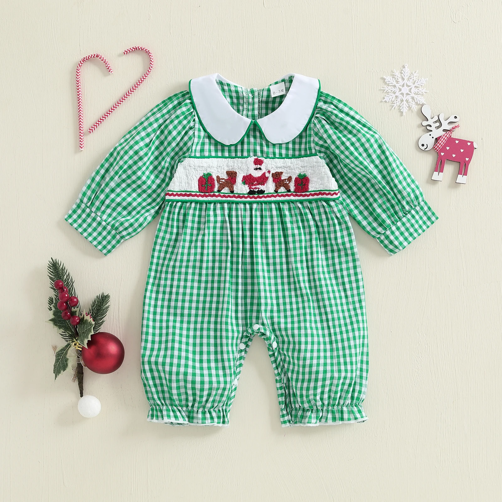 

VISgogo 0-8 Months Baby Girl Christmas Plaid Romper Long Sleeve Doll Collar Elk Santa Claus Embroidery Jumpsuit