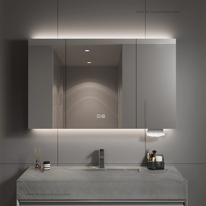 Gabinetes de baño inteligentes de acero inoxidable a prueba de humedad con lámpara, gabinetes con espejo para eliminación de niebla, Muebles de Hotel, Muebles Baño FYBC