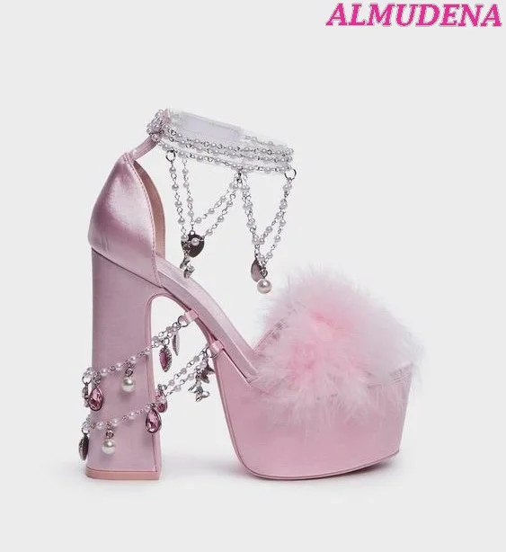 

Gem Pearl Pendant Fur Pink Platform Sandals Women Satin Chunky High Heels Luxury Deaigner Ankle Strap Big Size Summer Shoes