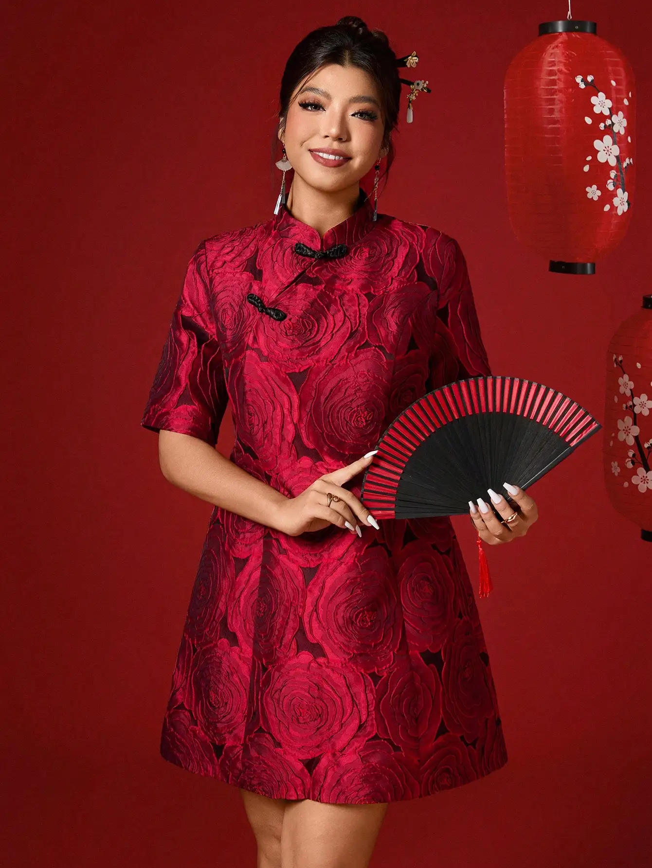 

Red Floral Jacquard Mandarin Collar Dress with Button Closure