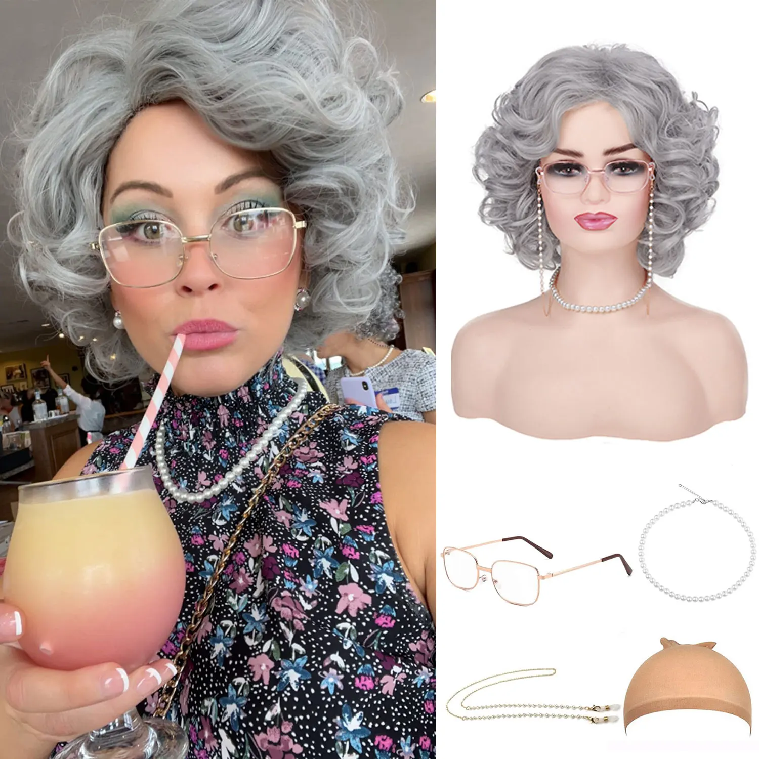

Synthetic Old Lady Wig Costume Set for Women Short Curly Wig and Glasses Silver White Granny Wig Cosplay Halloween Party