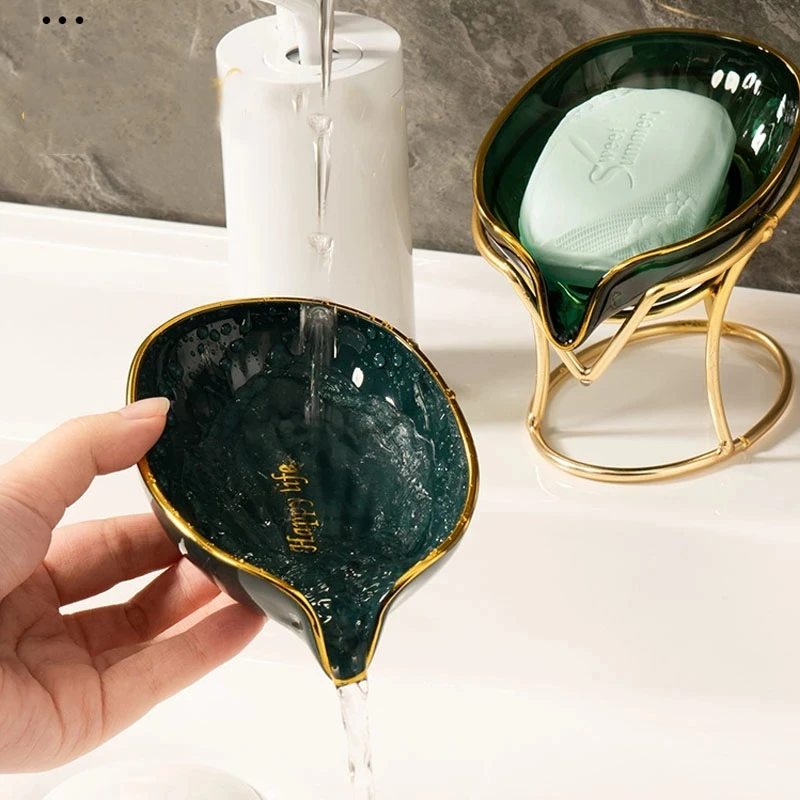 Soap Dish Box Bathroom Shower Soap Holder with Metal Bracket  Drain Portable Leaf Shape Toilet Laundry Soap Rack Tray For Basin