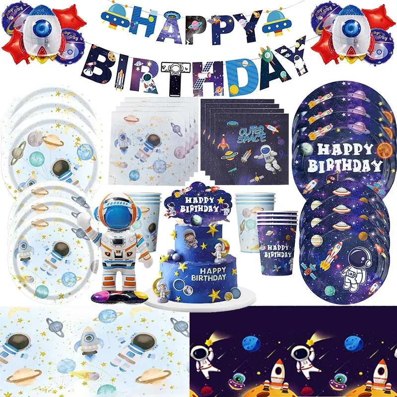 Décoration d'anniversaire d'astronaute spatial, ensemble de vaisselle, tasses, assiettes, serviettes, ballons, sacs cadeaux, lunettes, cercle Papa, fournitures de fête pour enfants