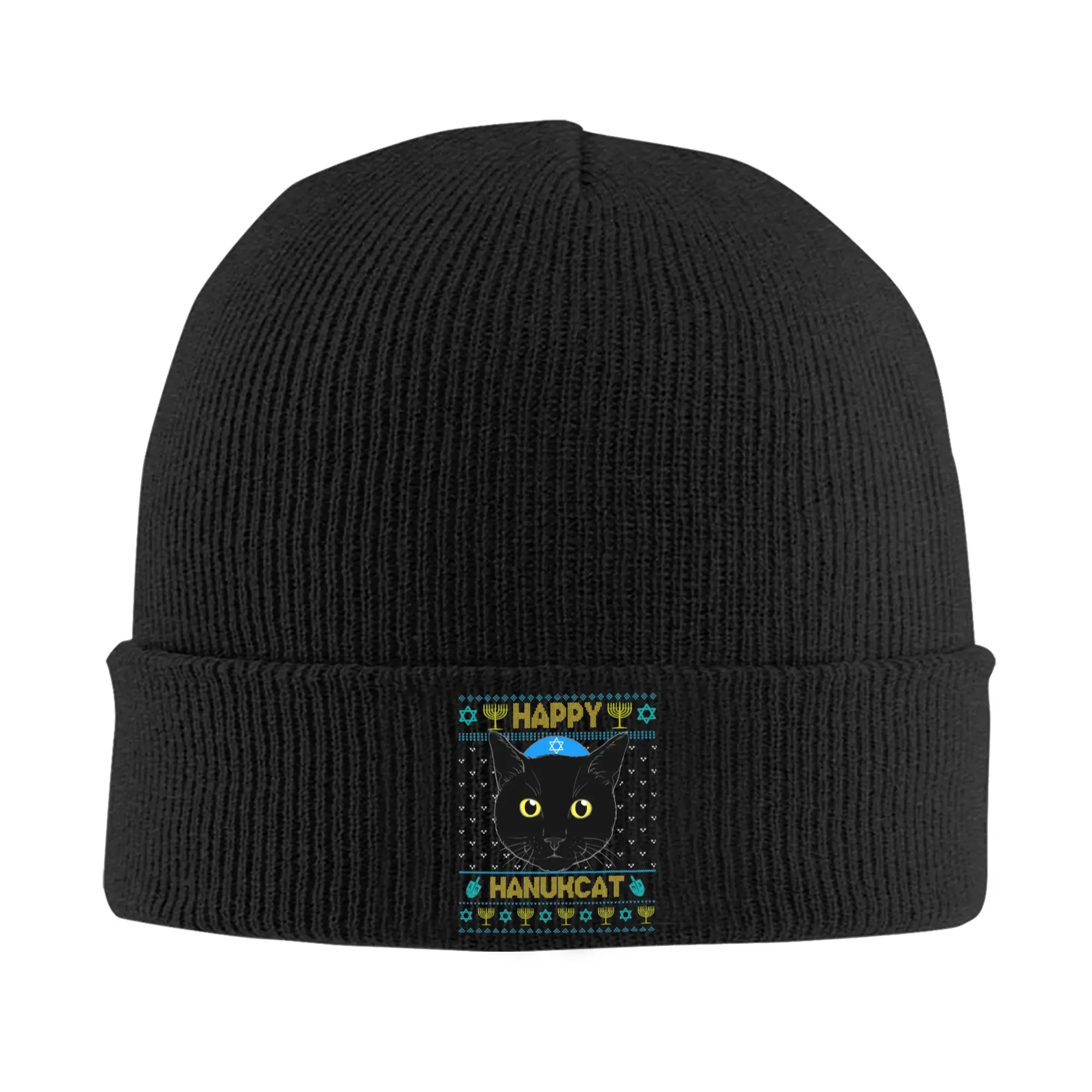 Happy Hanukkah Cat Chanukah Jewish Hats Autumn Winter Beanie Warm  Cap Unisex Acrylic Skullcap