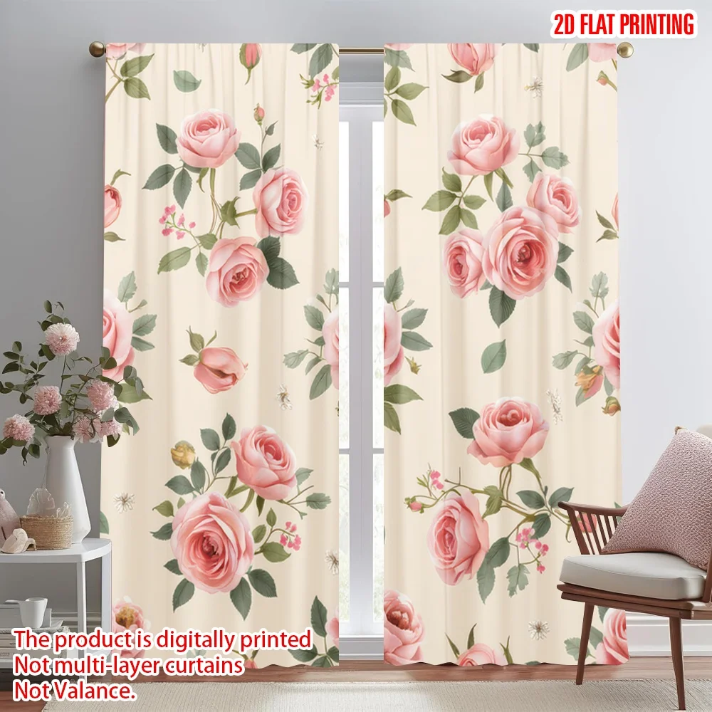 

2D flat printing 2pcs Curtains Romantic Pink Roses Digital Printed Polyester Drapes Family Party Decoration Perfect for Door