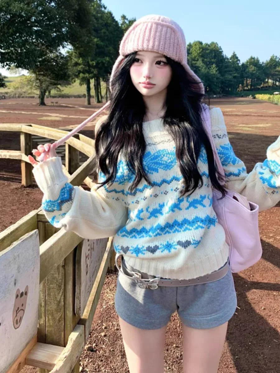 

Retro Nordic Sle Fair Isle Knit Sweater Women's Autumn Winter oulder Bared High-End Feelings Beautiful One-oulder Sweater