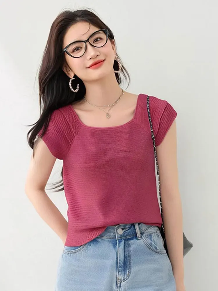 

Ele Korean Sle Women's Ice Silk Knitted ort Sve Pullover Square Ne Top Breathable Summer Faion Casual irt