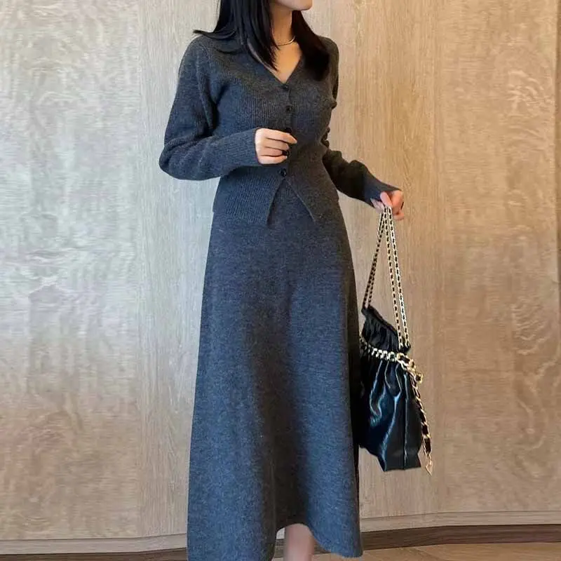 Sweater Two Piece Solid Color Y2K Women Streetwear Elegant High Waist Korean Office Lady Casual A Line Fashion Cardigan Skirts