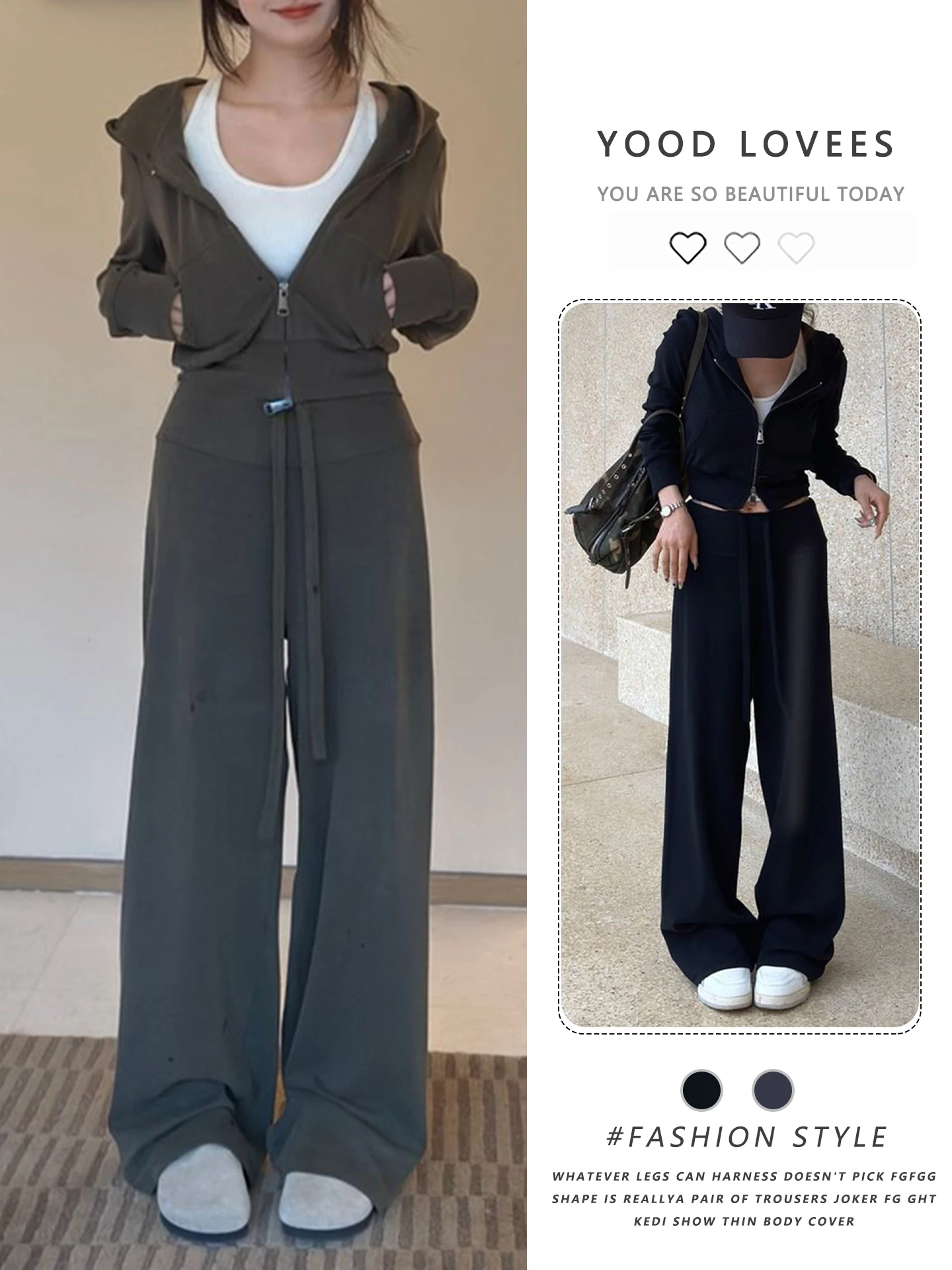 

Casual Sportswear Set Women's Spring Autumn 2026 Fashion Slimming Hoodie Wide Leg Pants Two Piece Set High Waist Zipper Closure