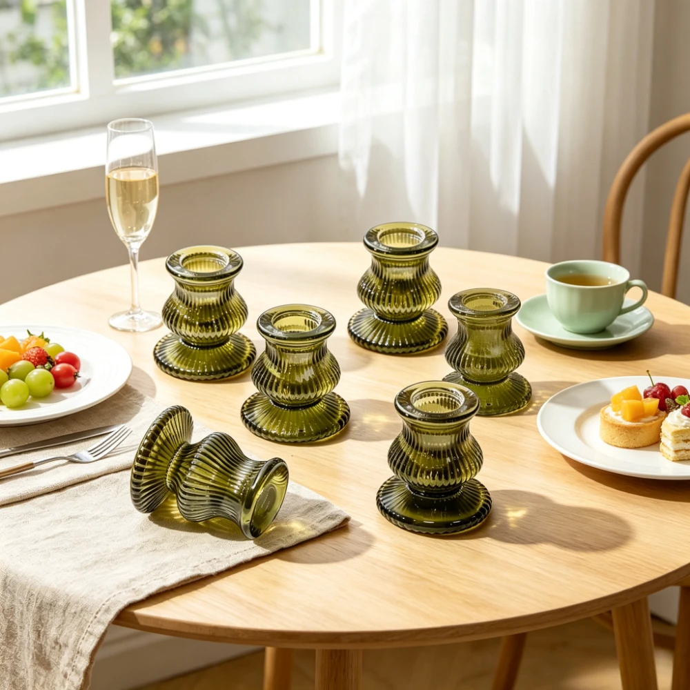 6Pcs/Set Vintage Ribbed Glass Taper Candle Holders European Votive Candlestick Desktop Ornament Dining Table Decoration