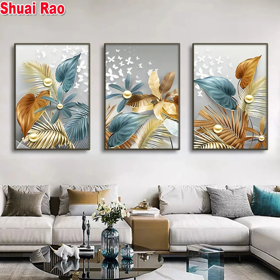 Diy diamond painting 3 pcs Modern Golden Butterfly Leaves for Living Room Decoration diamond embroidery Jewelry cross stitch