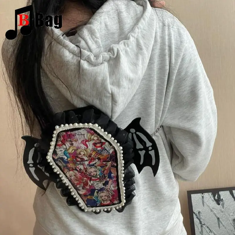 Y2K Gothic Women\'s Girls Punk Handbags Harajuku Shoulder Bag Bat Wing Small Backpack Motorcycle Diagonal Straddle Bag Totes
