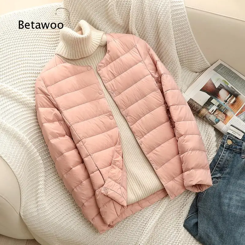 Women Short Lightweight Down Coat V Neck And Round Neck Optional Long Sleeve Outerwear Filled With White Duck Down Portable Jac