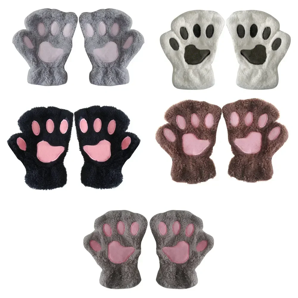 Gants sans doigts en forme de patte d\'animal pour femme, mitaines, griffe, demi-doigt, ours moelleux, chat, peluche, chaud, hiver