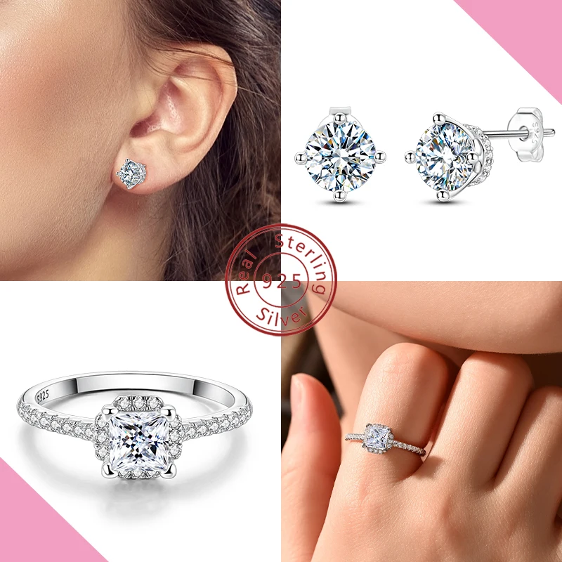 

Moissanite Stud&Ring 925 Sterling Siver For Woman 1ct Earring 0.8ct Ring Brilliant Diamond Wedding Engagement Jewelry Gift
