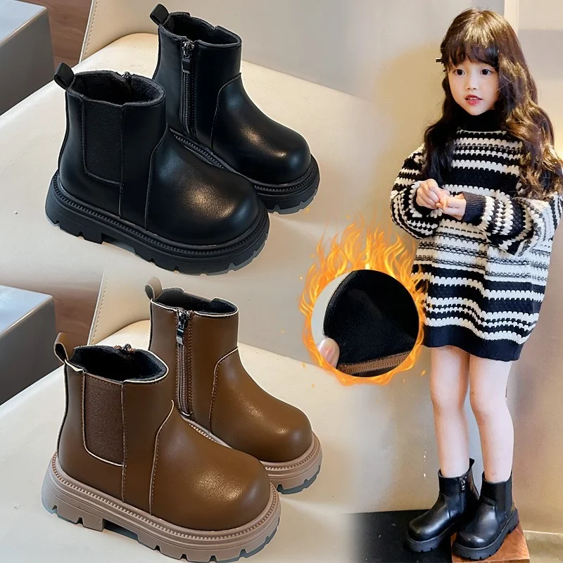 

Children's Fashion Boots Autumn Winter New Velvet Warm Girls' PU Leather Shoes Thickened Children's Warm Footwear Flats