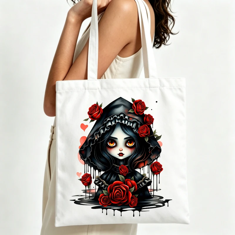 gothic girl with red roses canvas tote bag, perfect for casual daily use and street-style outings