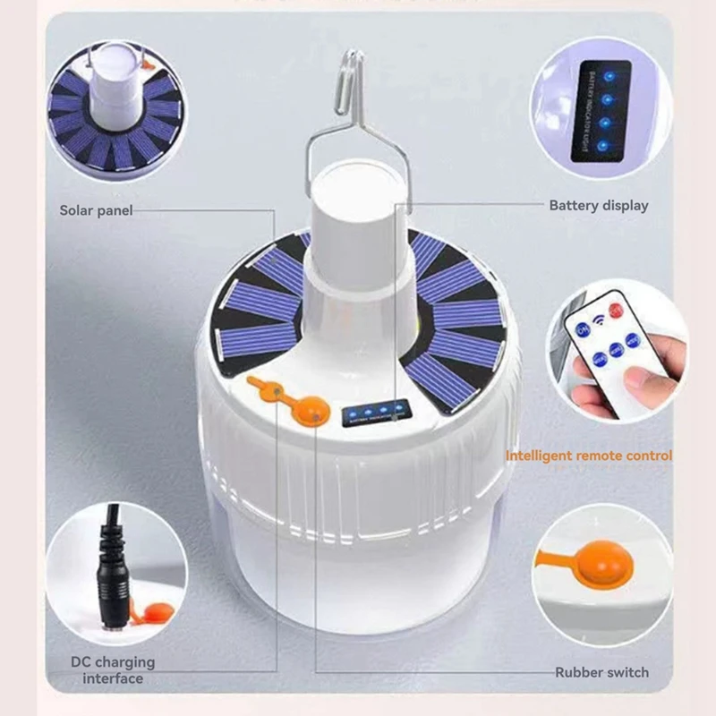 Linternas portátiles con luces solares, Bombilla recargable, luz de emergencia con ganchos de Control remoto, iluminación para acampar al aire libre, 2 piezas