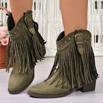 Vintage Rivet Western Cowboy Boots for Women Plus Size 43 Fringed High Heel Ankle Boots…