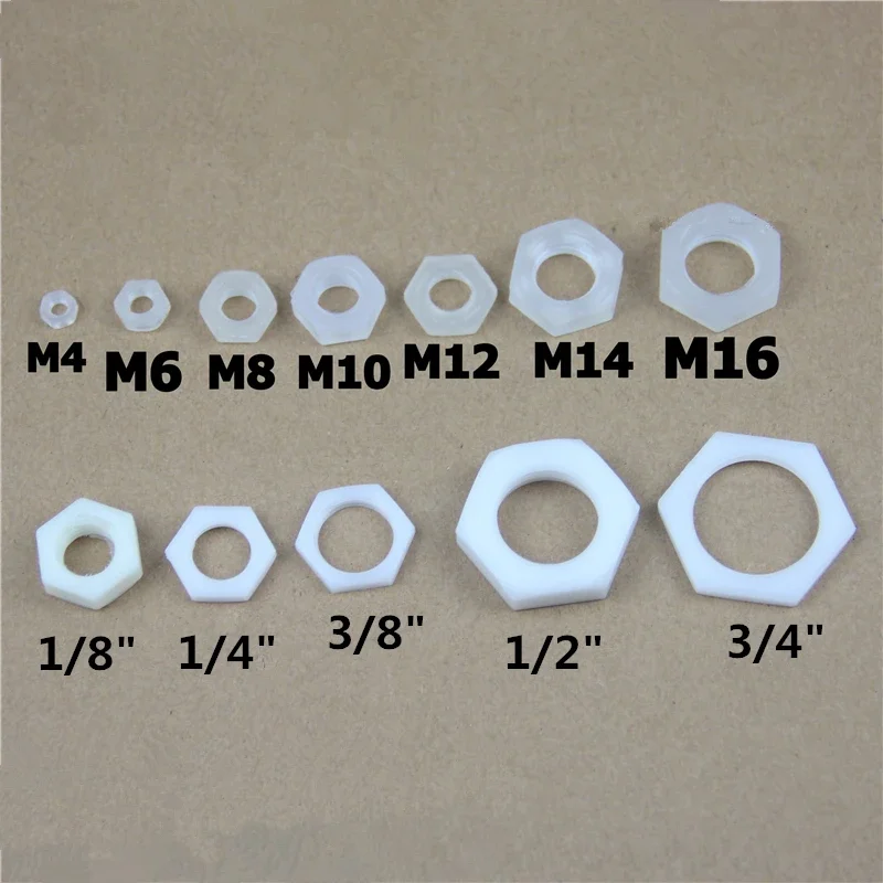 10Pcs Female Thread Plastic Nuts 1/8 1/4 3/8 1/2 3/4 M4/M6/M8/M10/M12/M14 Lock Nut Outer Hexagon Fastening Nut with Sealing Ring