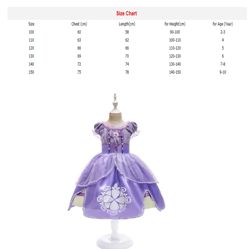 Princesa sofia vestido para meninas, traje cosplay, com manga puff, roupas de criança, festa, aniversário, plissado