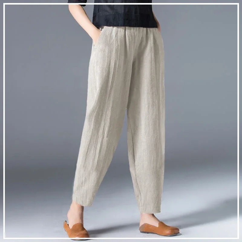 

2024 New Summer Minimalist Casual Fashion Retro High Waisted Pocket Loose Cotton Linen Nine Point Radish Pants for Women B835