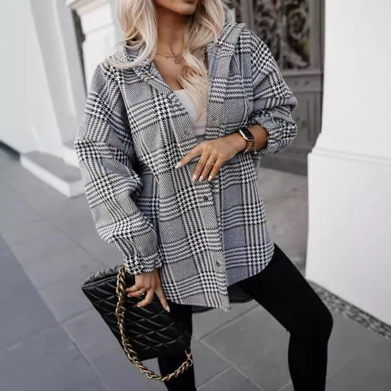 Winter Fashion Thousand Bird Grid Hooded Coat Casual Streetwear Long Sleeve Cardigan Office Vintage Single Breasted Loose Jacket