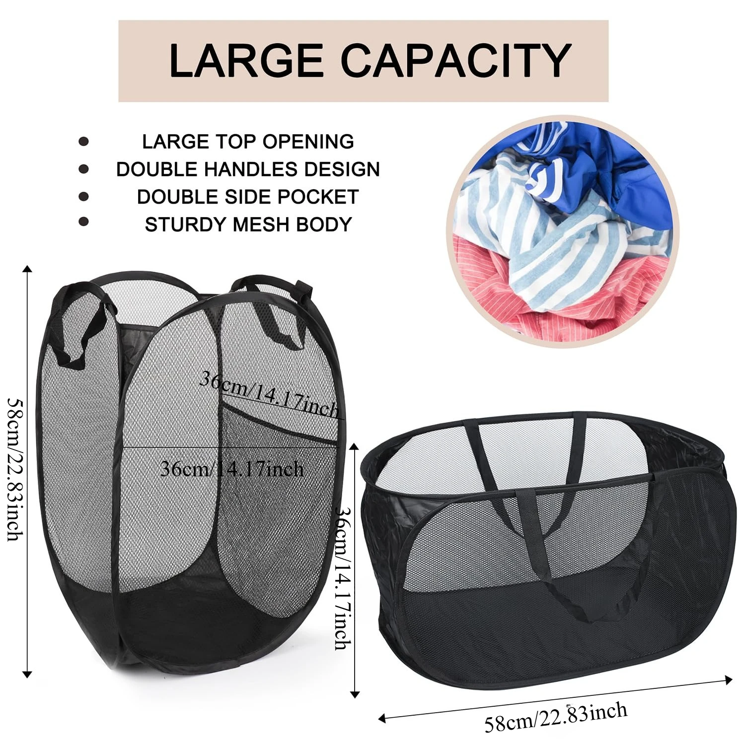 2 قطعة سلة غسيل شبكية منبثقة، سلة غسيل بمقبض متين، قابلة للطي وقذرة، للسفر، مناسبة لغسل وتخزين الغسيل