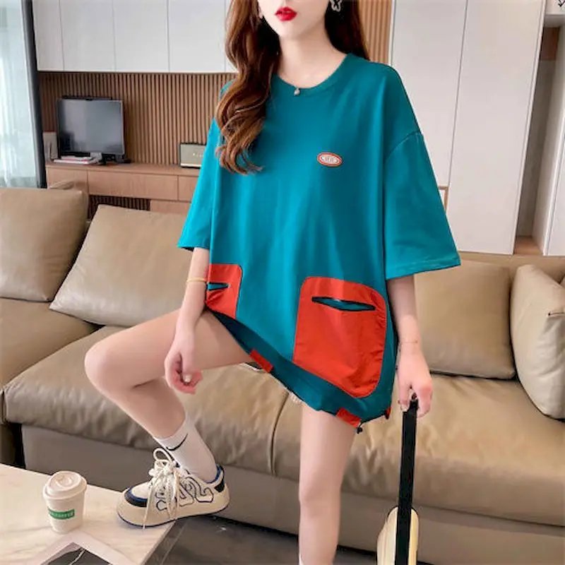 Vintage Short Sleeve T-shirts Women Casual Mid-length Loose T Shirt Summer Trend Thin Tops Korean Style Patchwork Pocket Tshirt