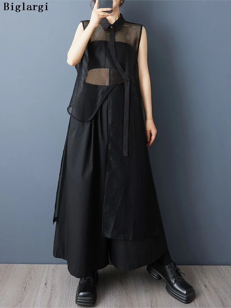 

Oversized Summer Shirts Dress Women Mesh Patchwork Irregular Fashion Ladies Blouses See Through Woman Midi Shirt Dress