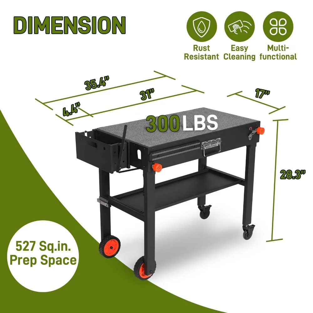 Table de gril portable pour l'extérieur, support de gril solide et robuste, chariot de barbecue de préparation de cuisine mobile avec roues, chariot de gril pliant