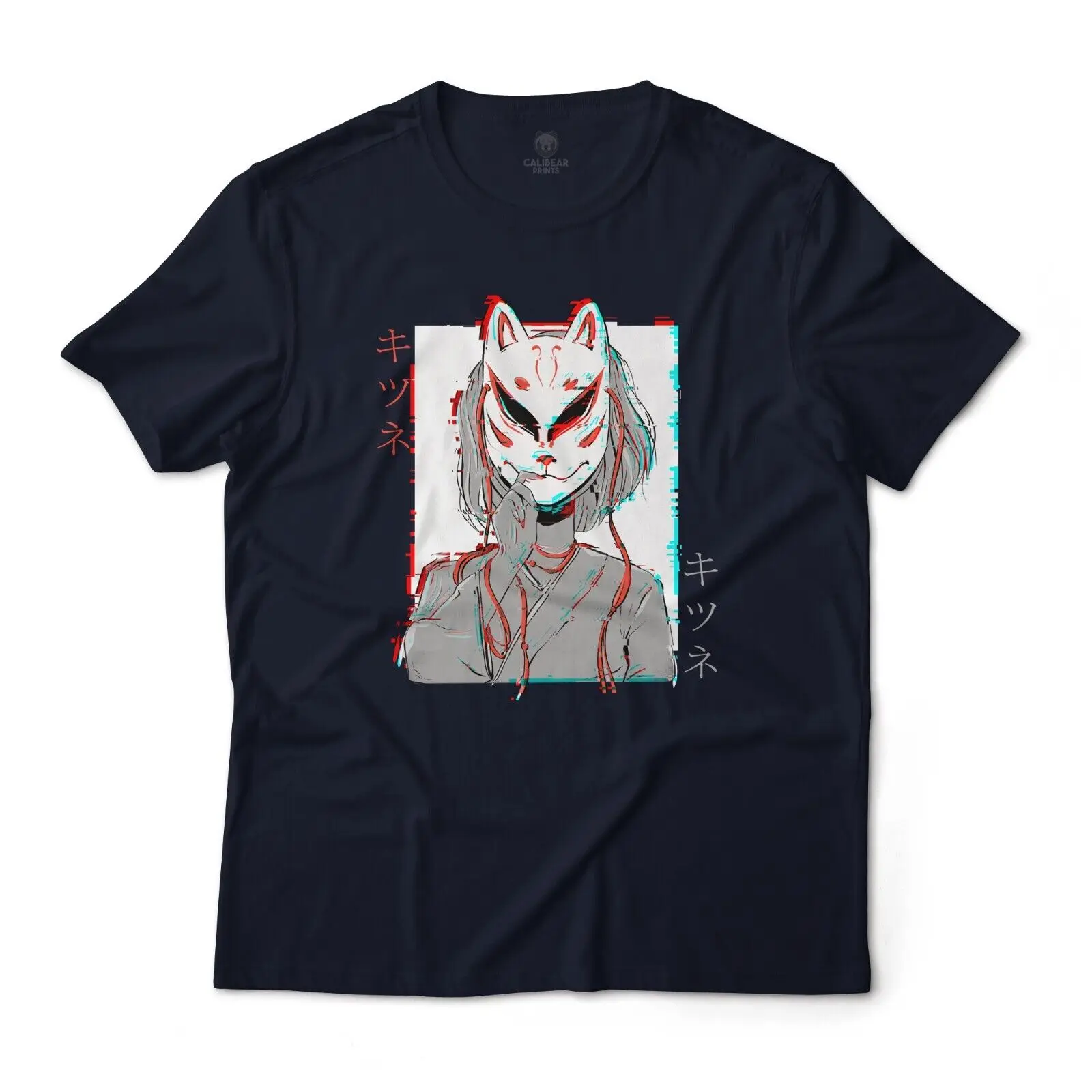 Glitched Kitsune Masked Anime Girl Graphic T-Shirt Lightweight Cotton Tee