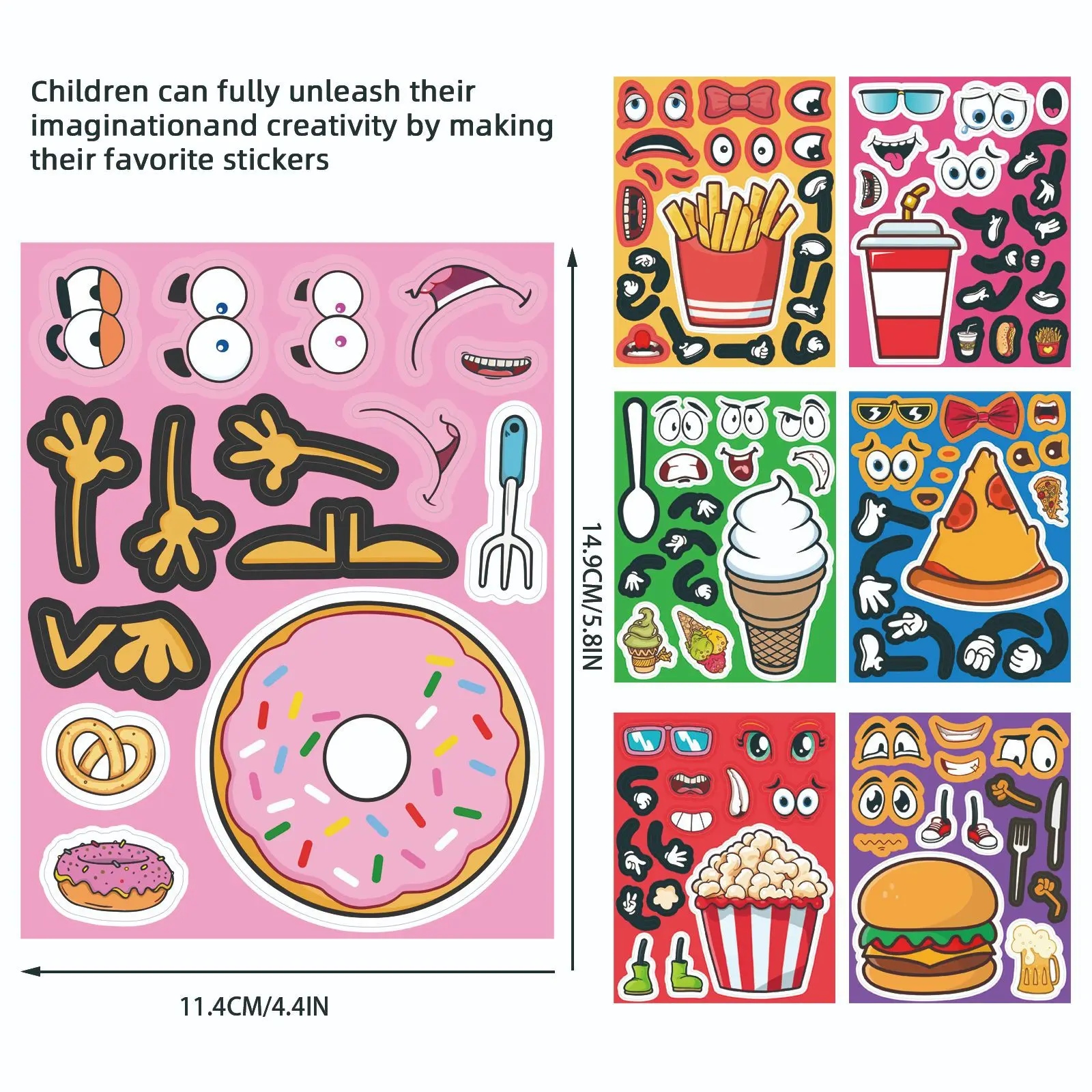 8/16 Blatt Kinder DIY Puzzle-Aufkleber Cartoon Burger Pommes Frites Essen Gesichtsveränderungs-Sticker Lernspielzeug Partygeschenke