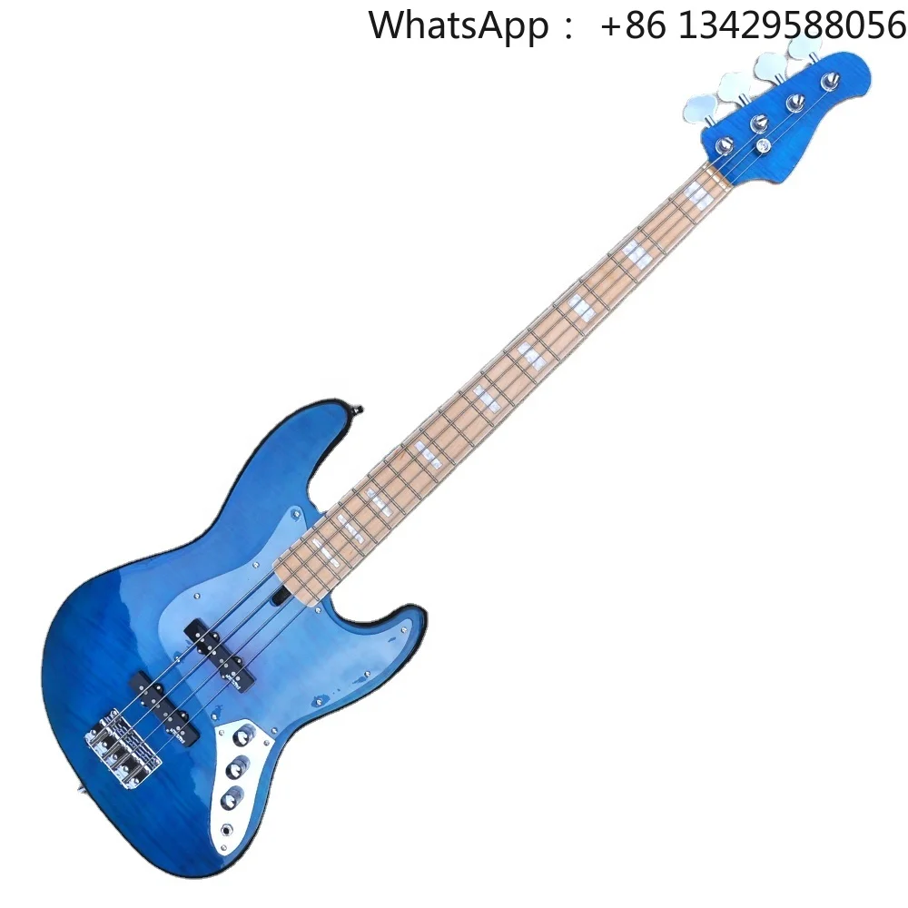 Flyoung Blue 4 Strings Electric Bass Guitar Maple Neck Bass Guitar Flame Maple Veneer Bass