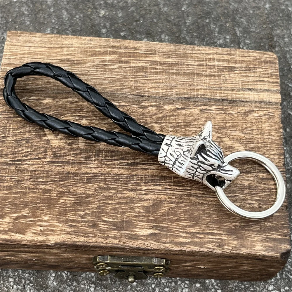 Nostalgia 1Pcs Wolf Amulet Jewelry PU Braided Woven Leather Keychain Viking Accessories Key Ring For Knife Car Decoration