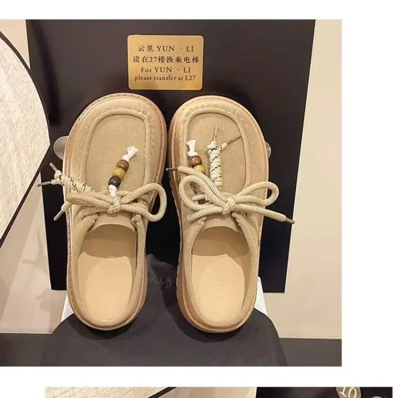 

Женские тапочки 2025, зимняя модная повседневная обувь Baotou на толстой подошве с круглым внутренней частью, хлопковая обувь на шнуровке, уличные прогулочные тапочки