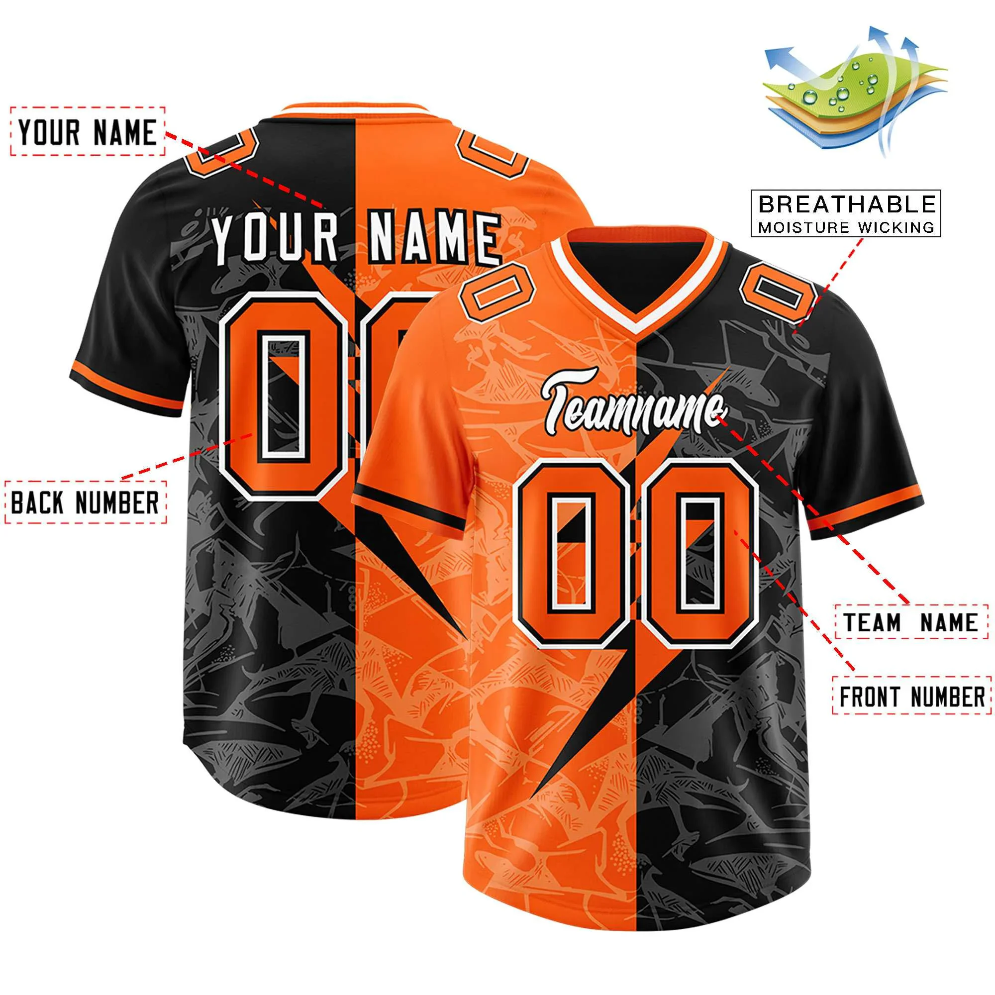 Custom Split Personalized Lightning Pattern Football Jersey Personalized Team Name and Your Name, Number V-Neck T-Shirts view 4