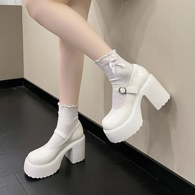 Chunky Platform High Heels Pumps Women Autumn Pu Leather Ankle Buckle Mary Jane Shoes Woman Thick Heeled White Lolita Shoes
