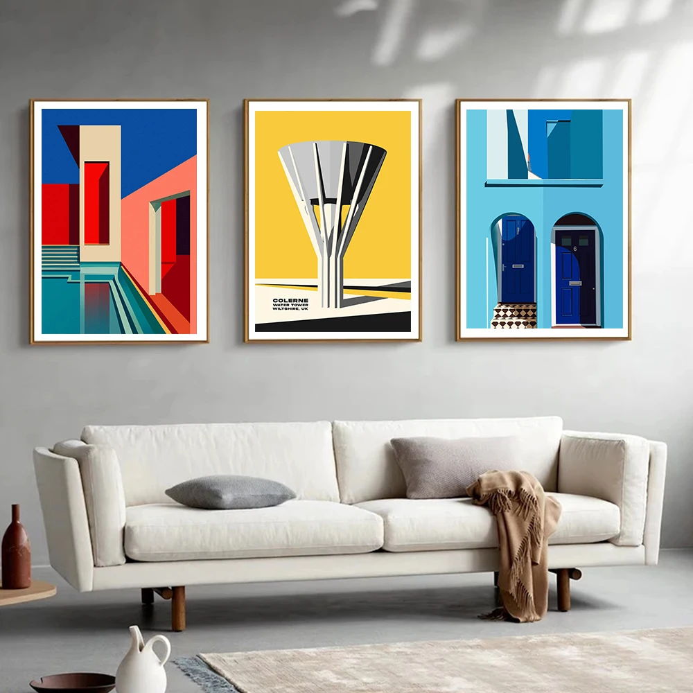 

Abstract Geometric City Landmark Architecture Art Posters Prints Pool Apartment Roof Terrace Canvas Painting Bedroom Home Decor