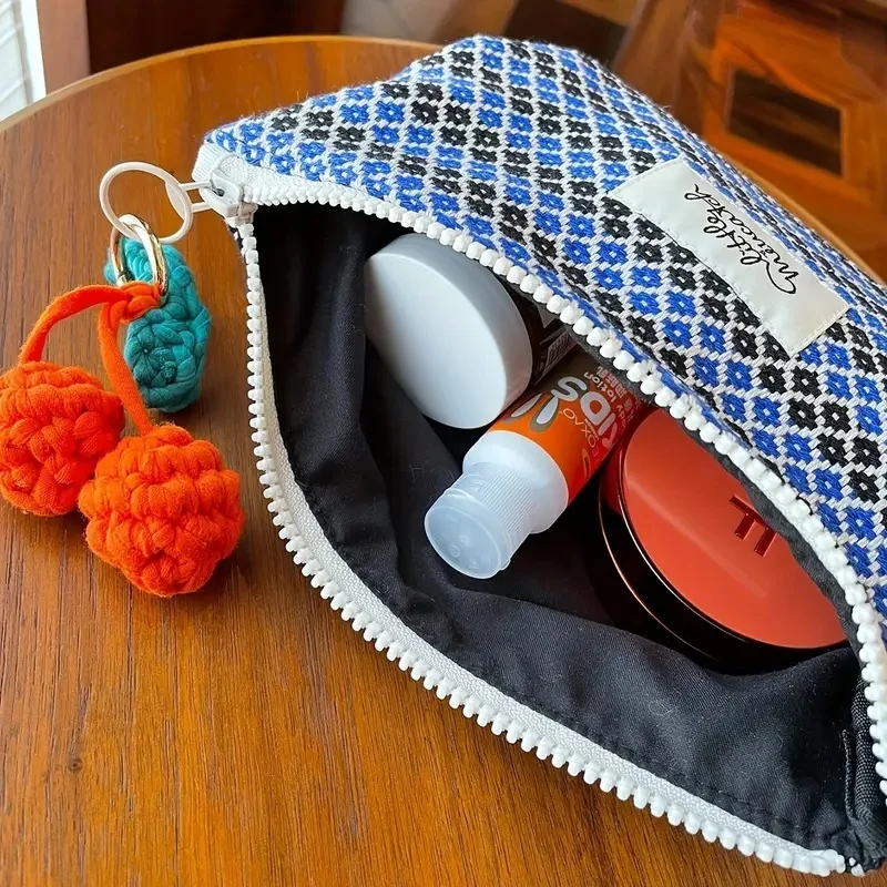 Bolsa de cosméticos Yizhilan, bolso de mano de gran capacidad portátil geométrico tejido de lana hecho a mano Retro, 1 pieza (sin colgantes)