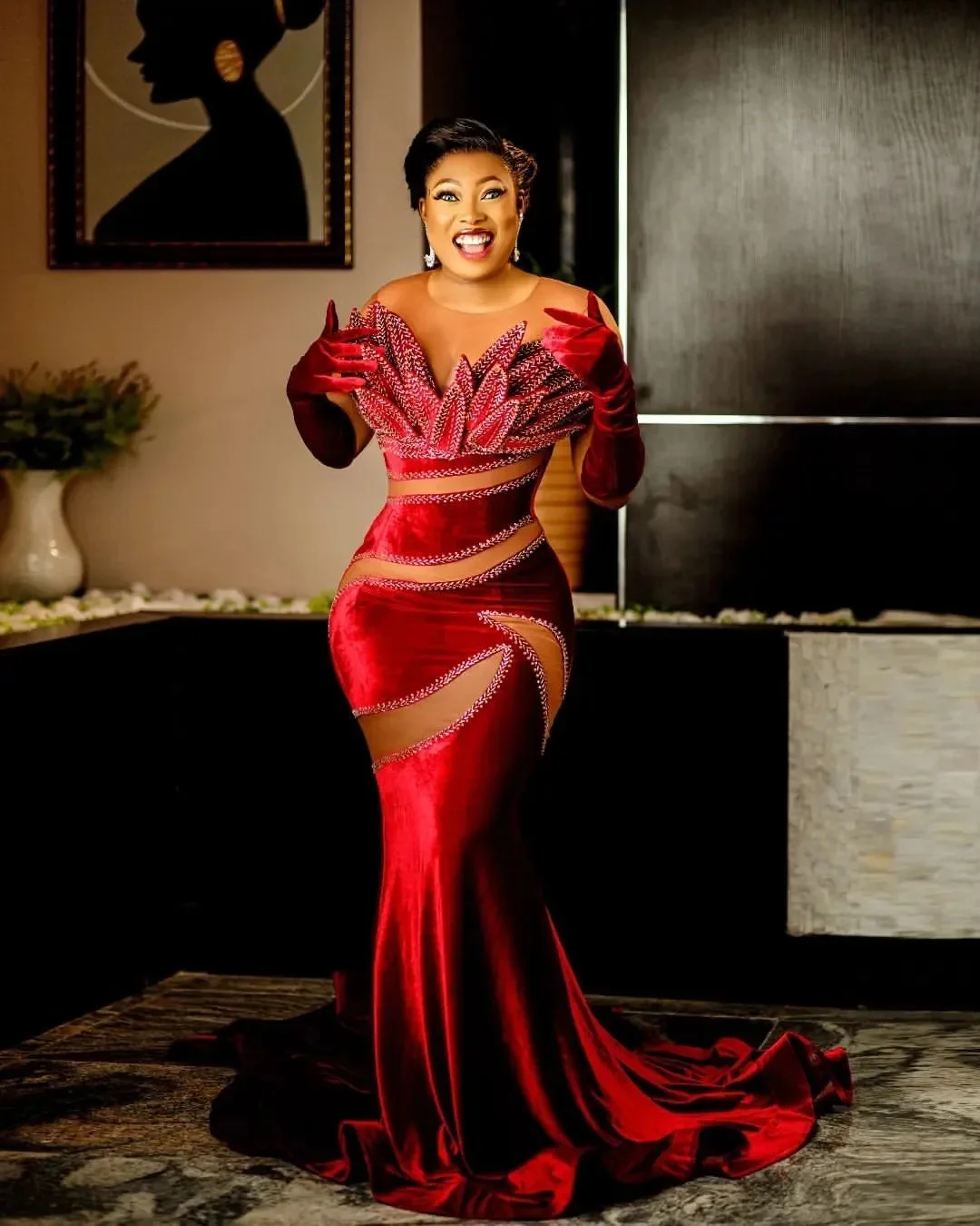 Sukienki na specjalne okazje, aksamitne, zdobione koralikami, wieczorowe, formalne, na przyjęcie, drugie przyjęcie weselne, urodziny, zaręczyny, plus size, czerwone, syrenka.