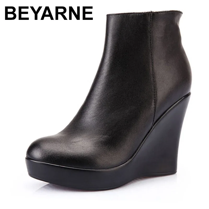 BEYARNE Genuine Leather Autumn Winter Boots Shoes Women Ankle Boots Female Wedges Boots Women Boot Platform ShoesE255