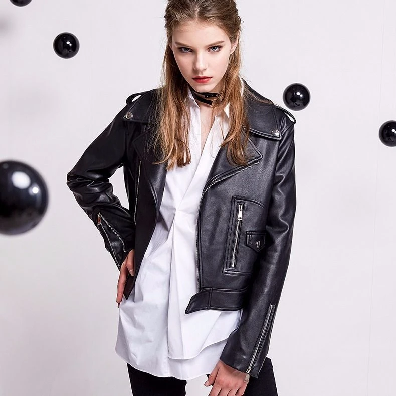 2025년 봄 신상 여성 천연 가죽 재킷 한국 스타일 라펠 패션 슬림 코트 고품질 소녀 양가죽 오토바이 오버코트