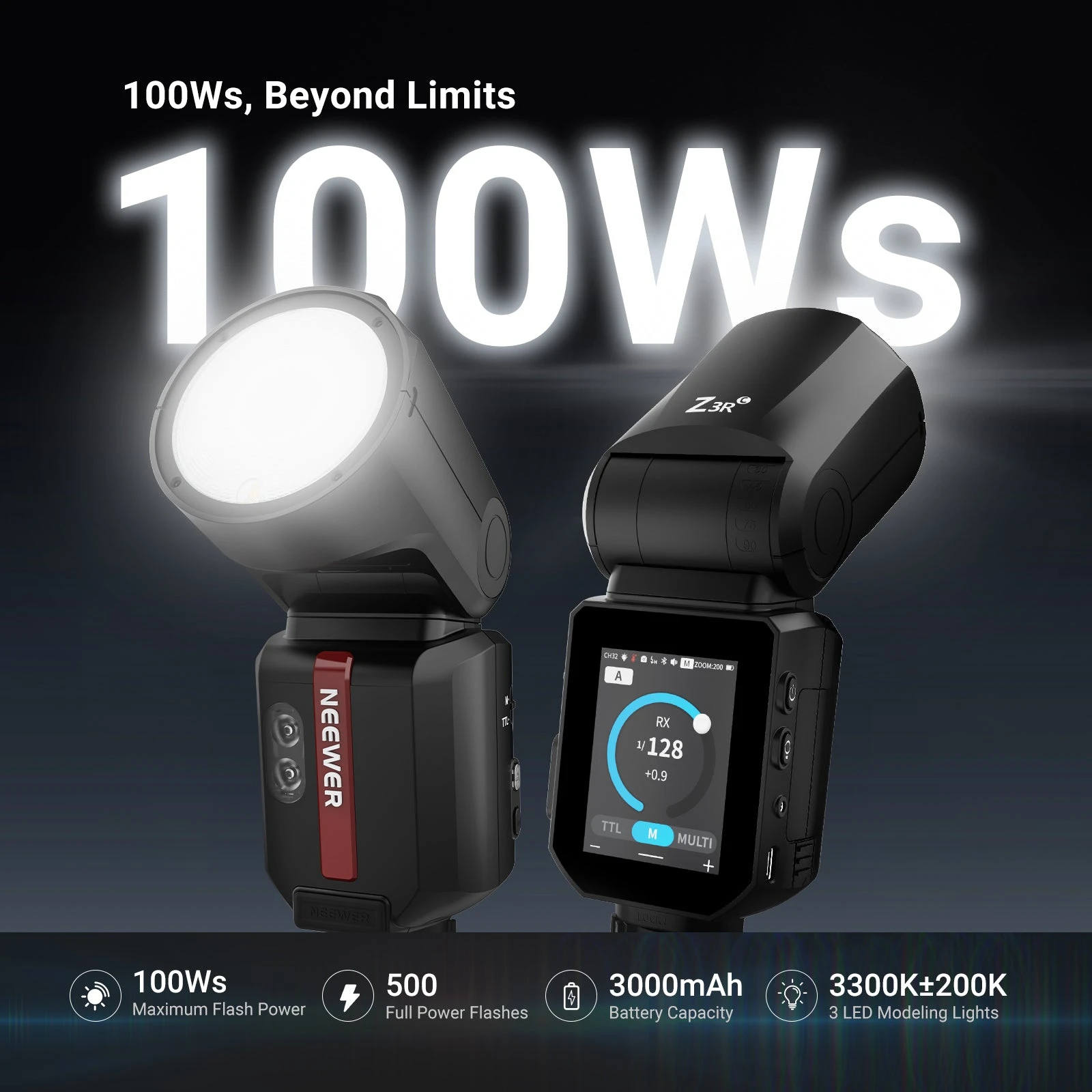 NEEWER Z3R: 100Ws 2.4G TTL Round Head Speedlite – even light, fast recycling, wireless slave, perfect for portraits & events.